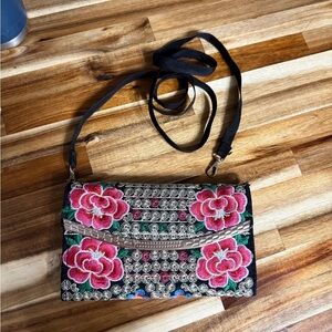 Floral Embroidered Crossbody Bag - Black and Pink